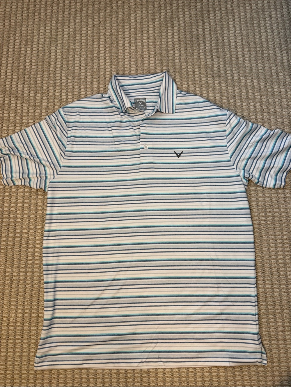 Callaway White Polo with Blue & Teal Stripes